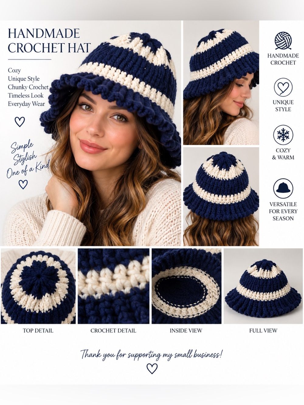 Handmade Crochet Navy Blue Cream Striped Brim Hat Chunky Knit Unique Boho